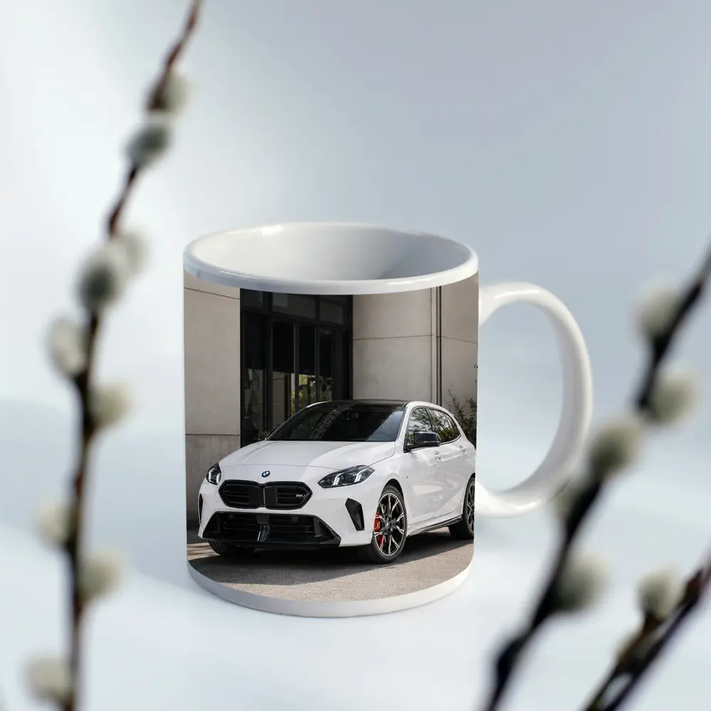BMW M135 White Hatchback Urban Setting – Mugs