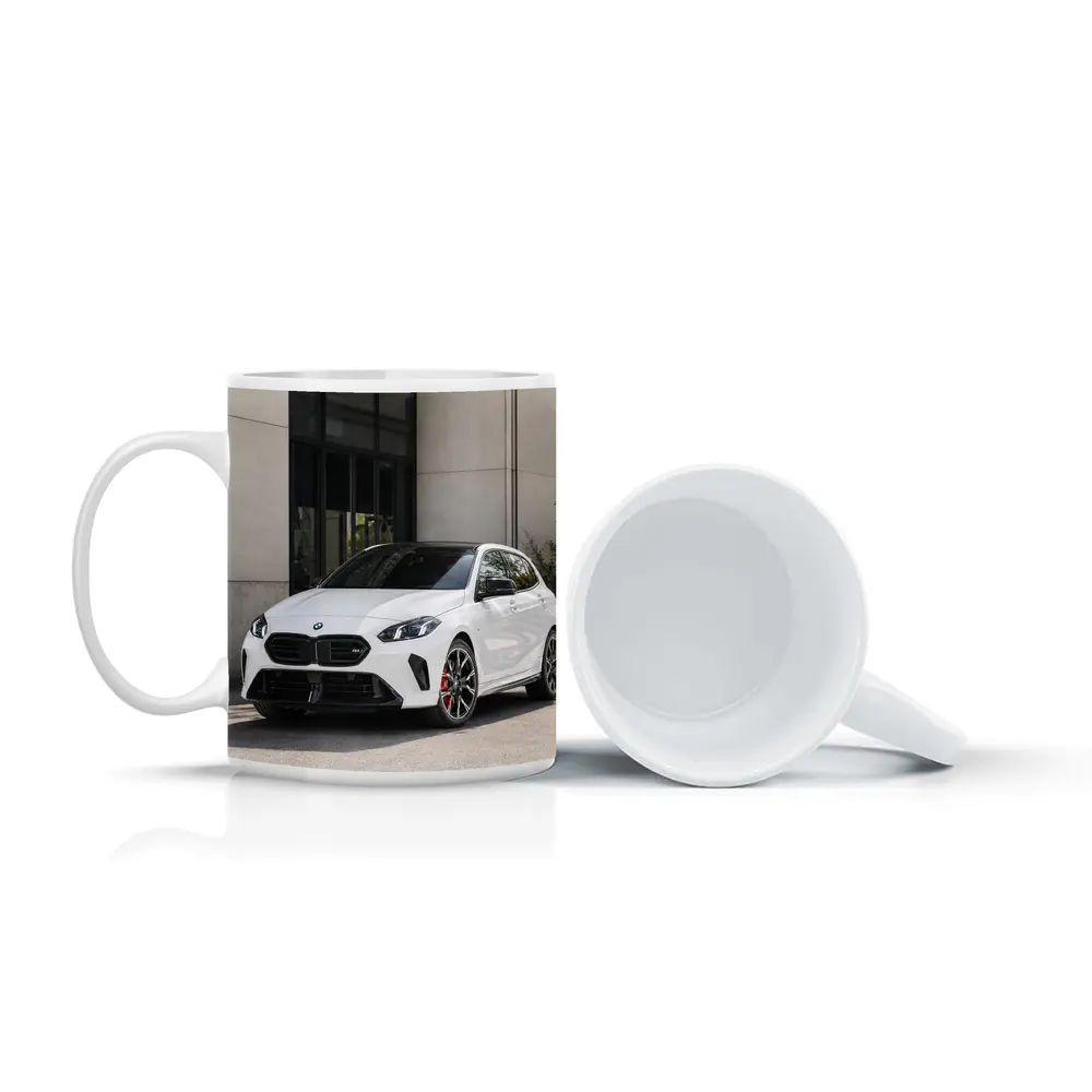 BMW M135 White Hatchback Urban Setting – Mugs