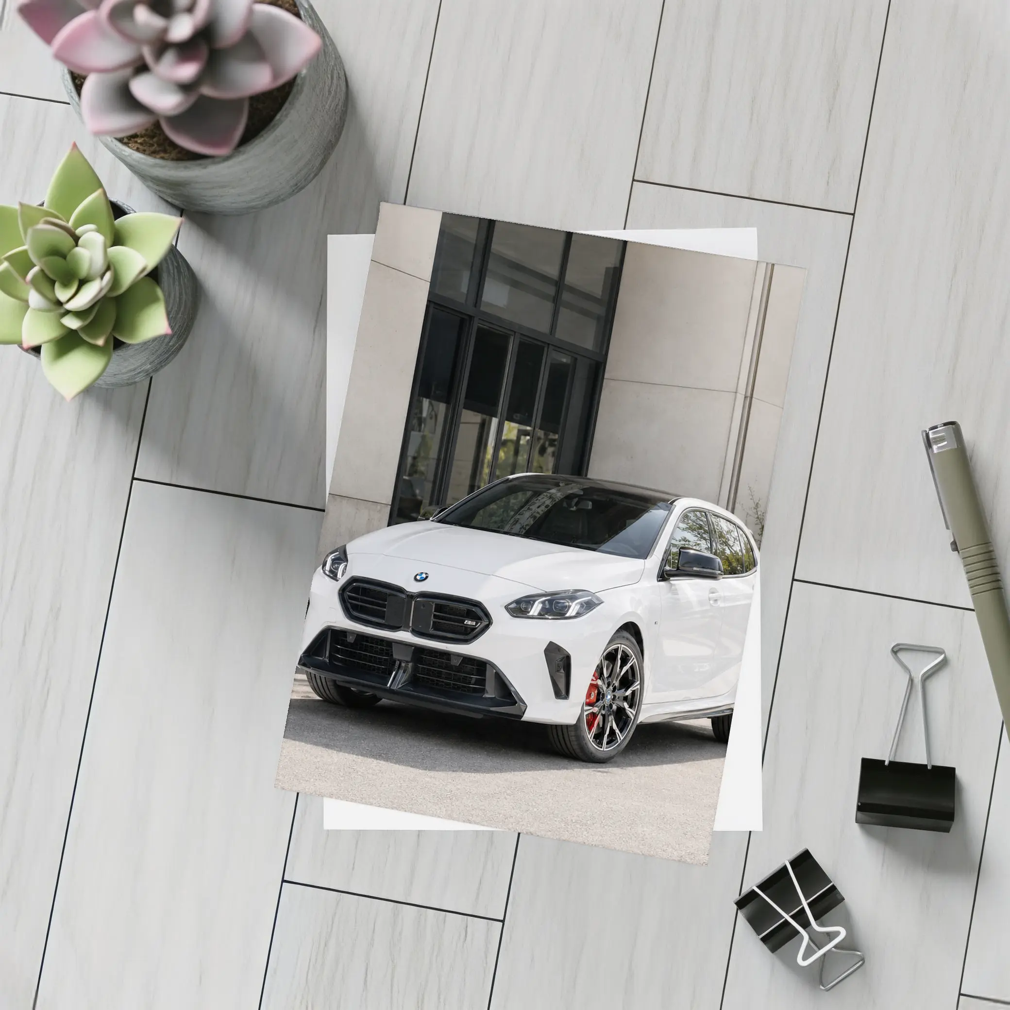 BMW M135 White Hatchback Urban Setting – Postcards