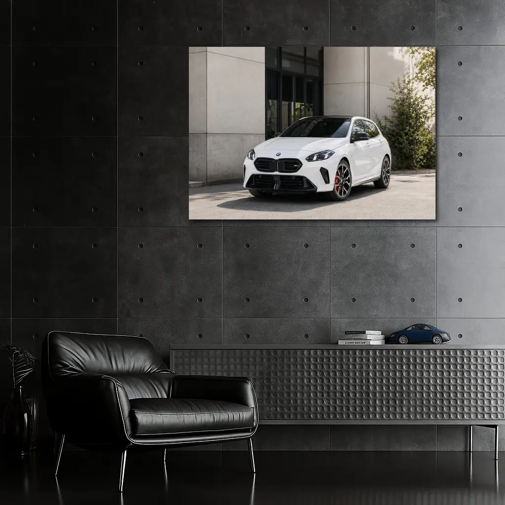 BMW M135 White Hatchback Urban Setting – Wall Art