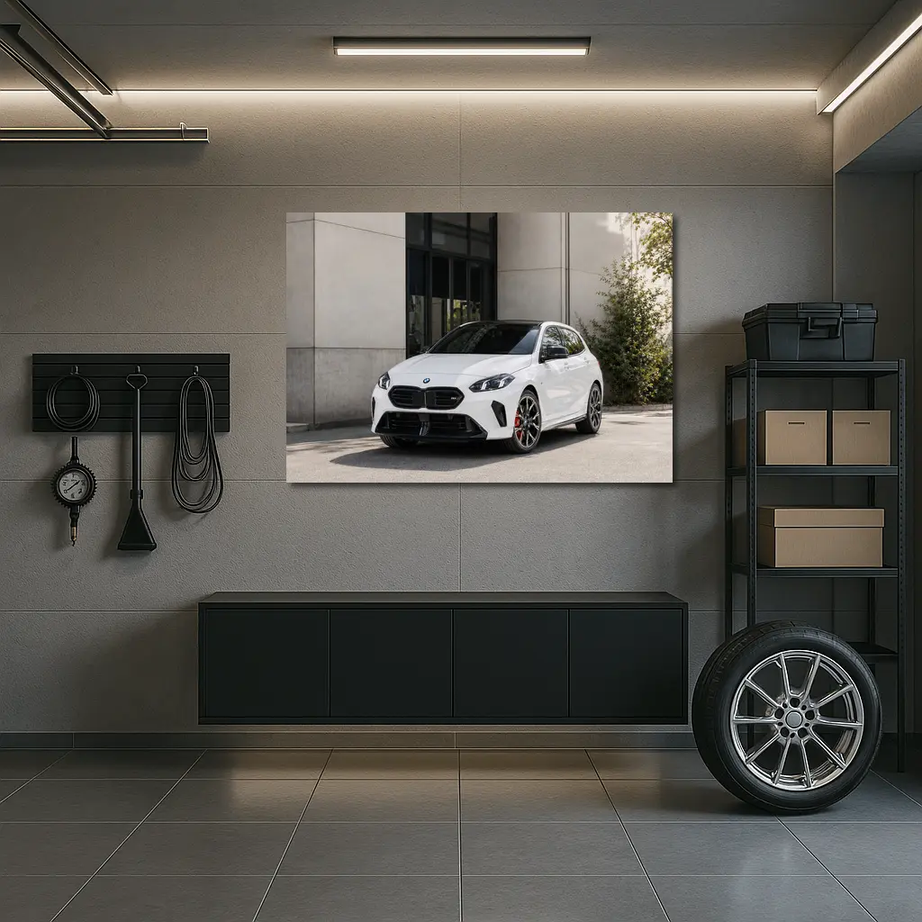 BMW M135 White Hatchback Urban Setting – Wall Art
