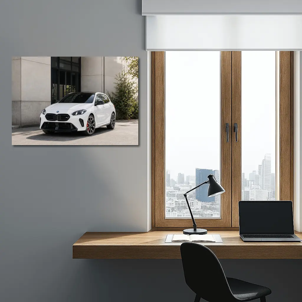 BMW M135 White Hatchback Urban Setting – Wall Art