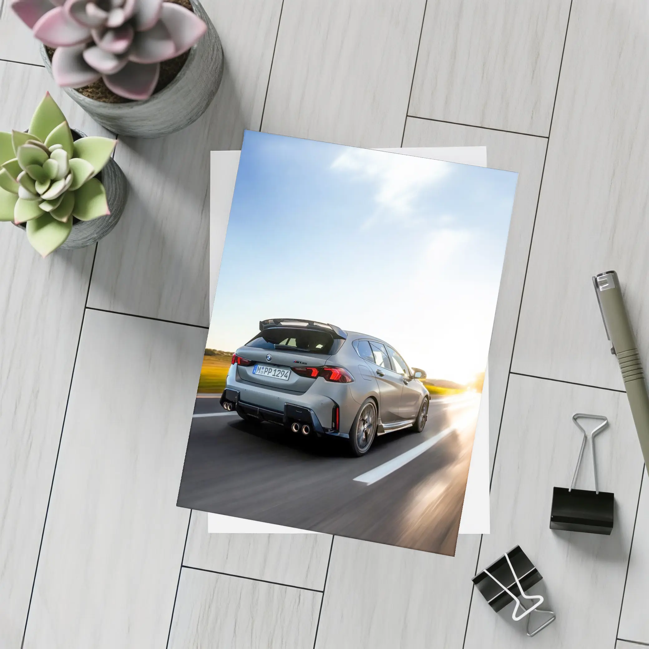 BMW M135 Gray Hatchback Highway Sunset Drive – Postcards