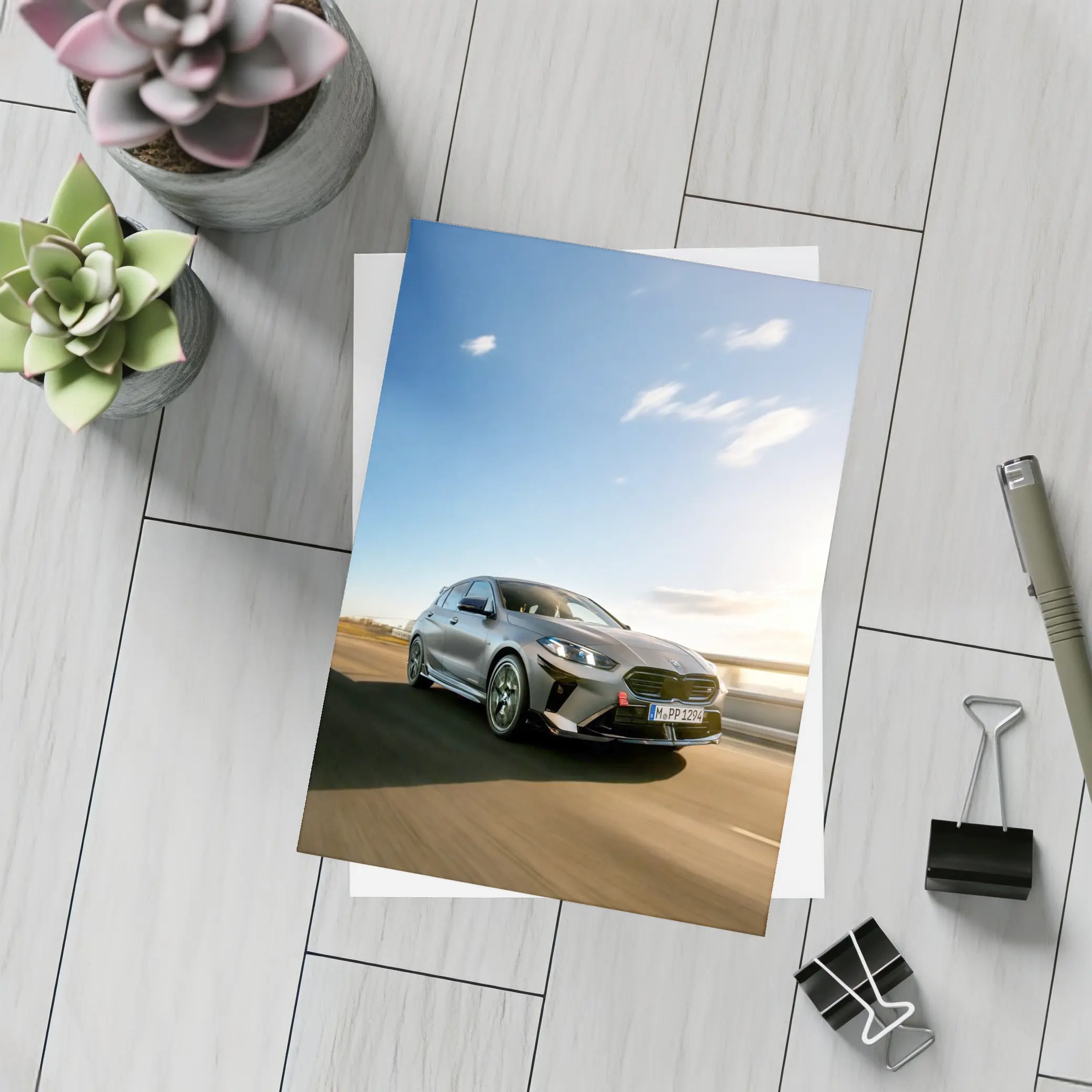 BMW M135 Gray Hatchback On Open Road – Postcards