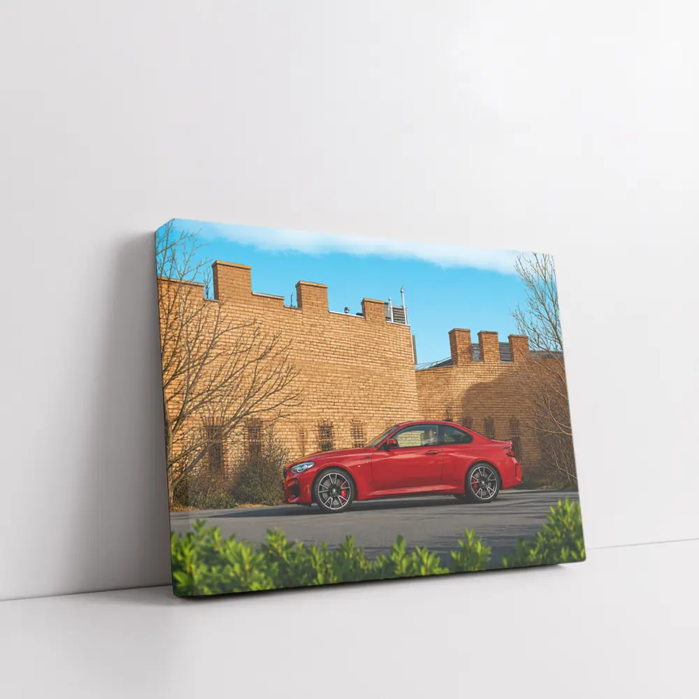 Red BMW M2 Parked Against Brick Wall – Wall Art