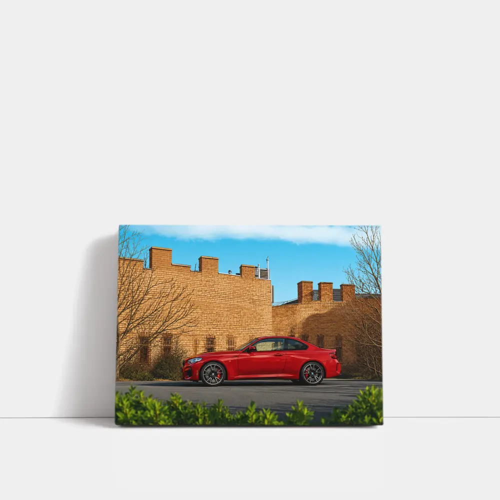 Red BMW M2 Parked Against Brick Wall – Wall Art