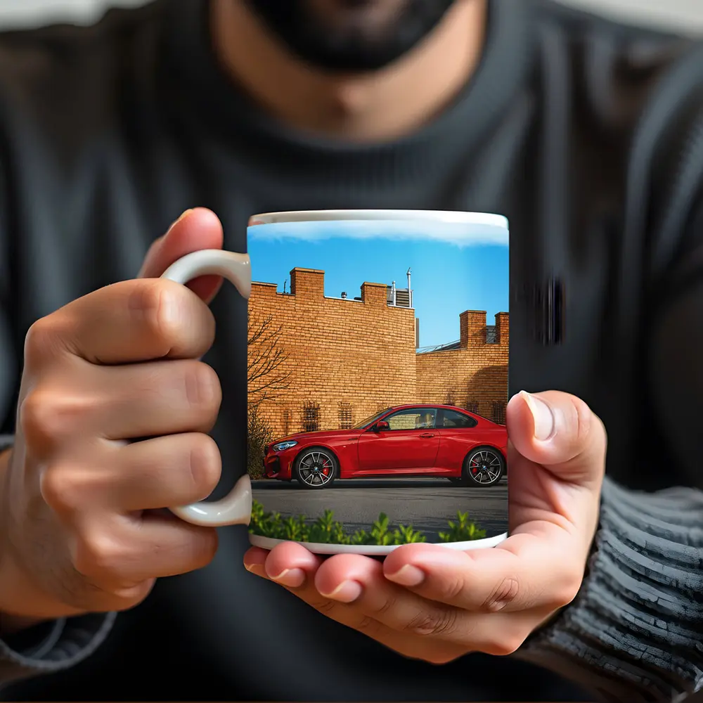 Red BMW M2 Parked Against Brick Wall – Mugs