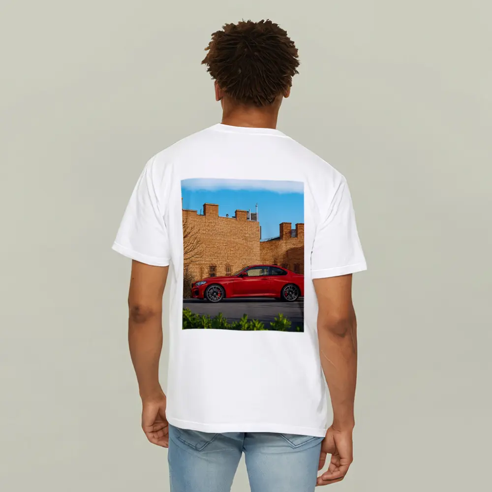 Red BMW M2 Parked Against Brick Wall – T-Shirts