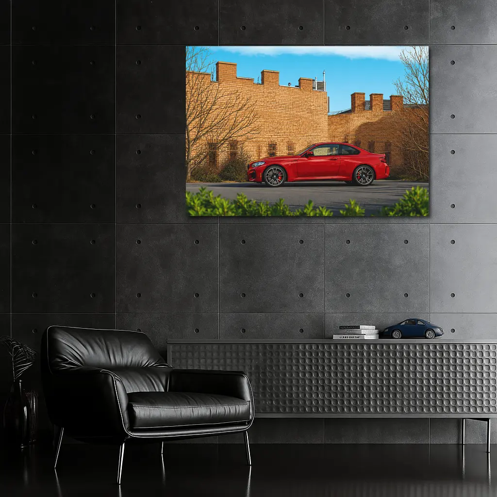 Red BMW M2 Parked Against Brick Wall – Wall Art