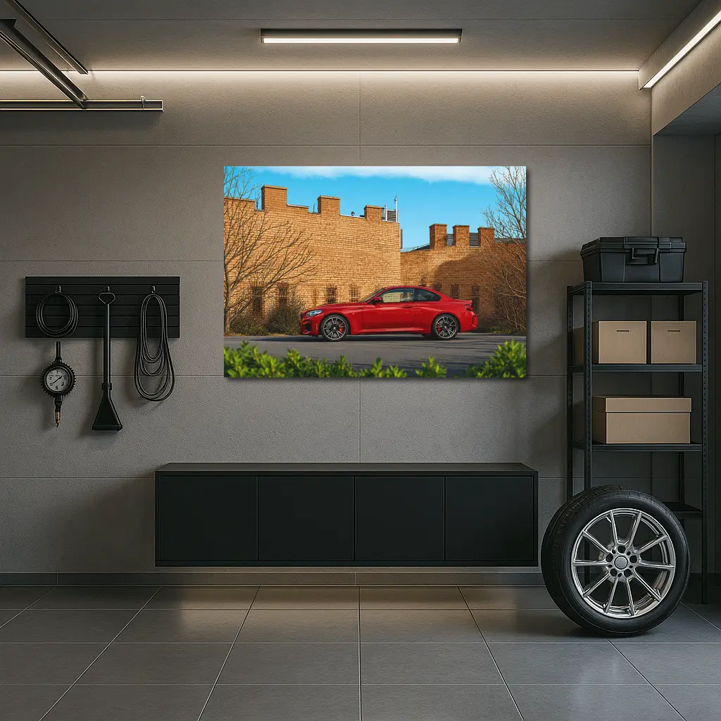 Red BMW M2 Parked Against Brick Wall – Wall Art