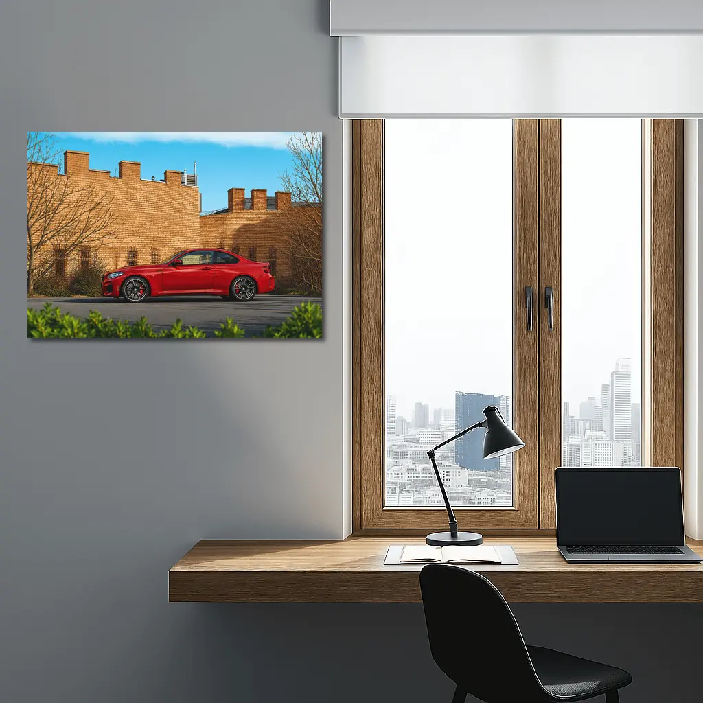 Red BMW M2 Parked Against Brick Wall – Wall Art