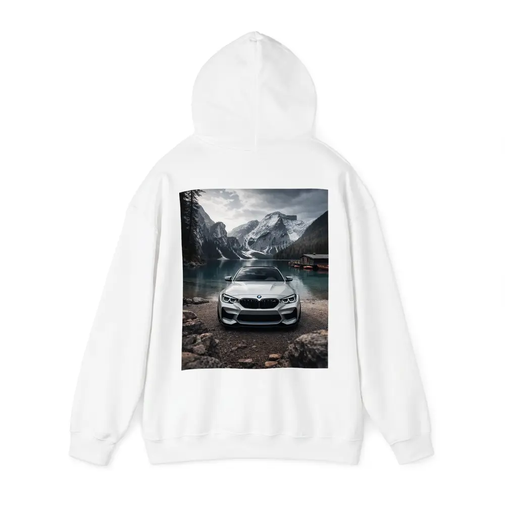 BMW M2 White Front View Mountain Lake – Hoodies