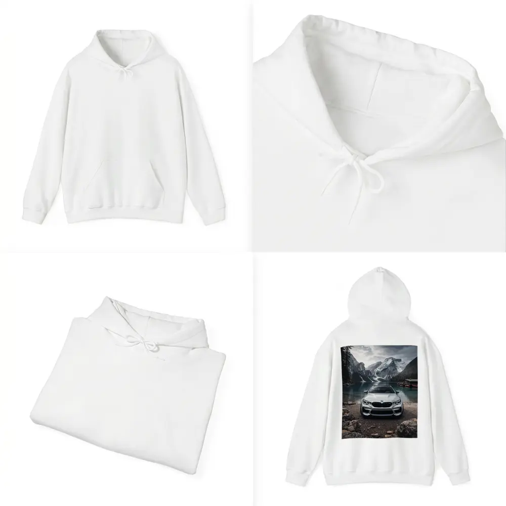 BMW M2 White Front View Mountain Lake – Hoodies