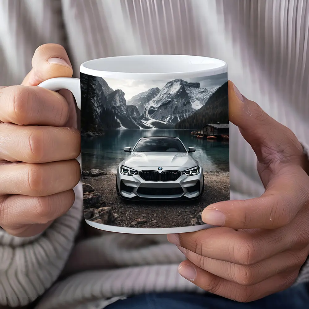 BMW M2 White Front View Mountain Lake – Mugs
