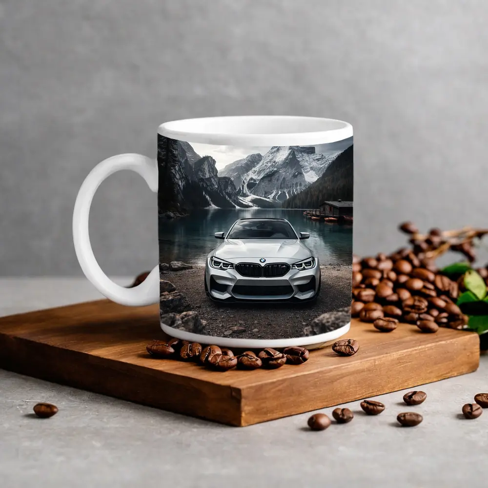 BMW M2 White Front View Mountain Lake – Mugs