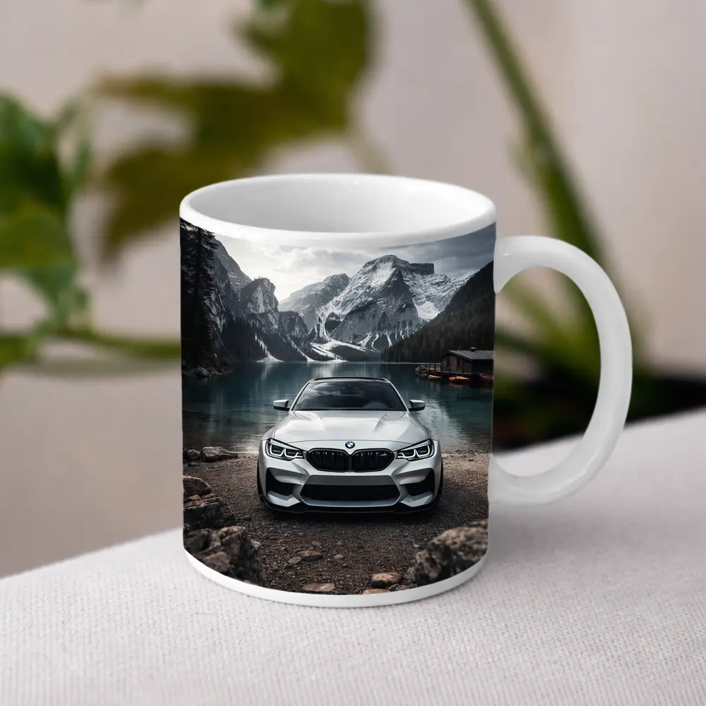 BMW M2 White Front View Mountain Lake – Mugs