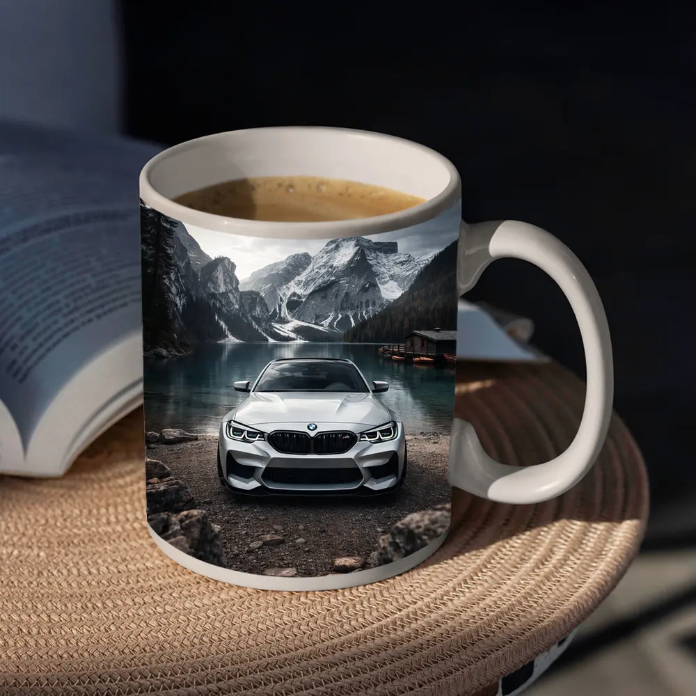 BMW M2 White Front View Mountain Lake – Mugs