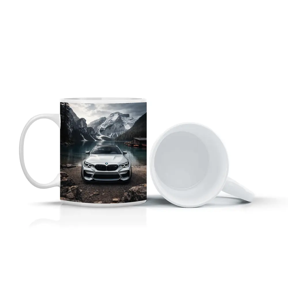 BMW M2 White Front View Mountain Lake – Mugs