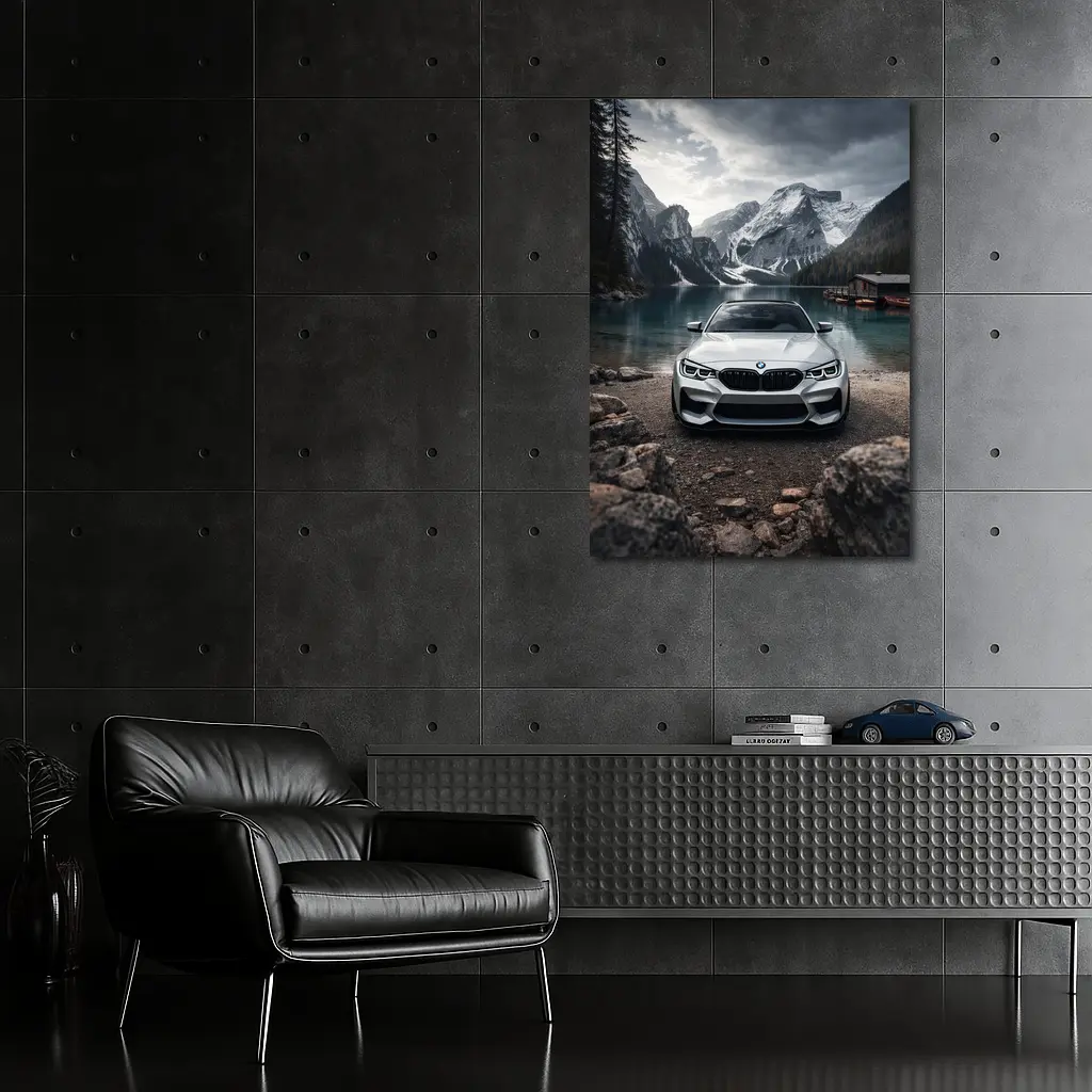 BMW M2 White Front View Mountain Lake – Wall Art