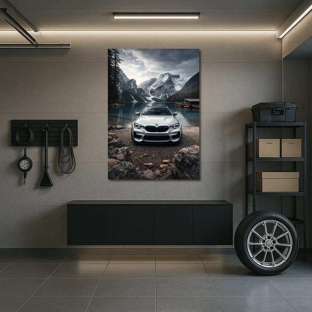 BMW M2 White Front View Mountain Lake – Wall Art
