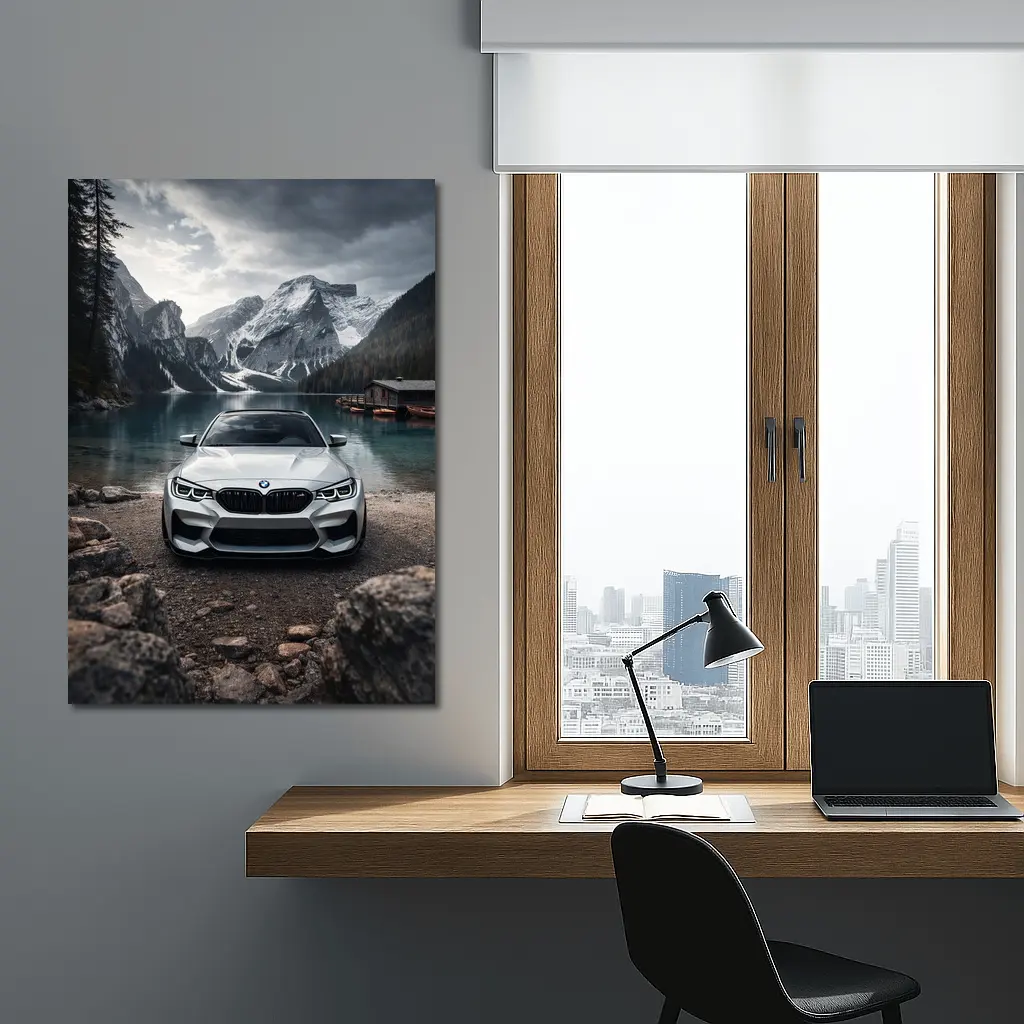 BMW M2 White Front View Mountain Lake – Wall Art