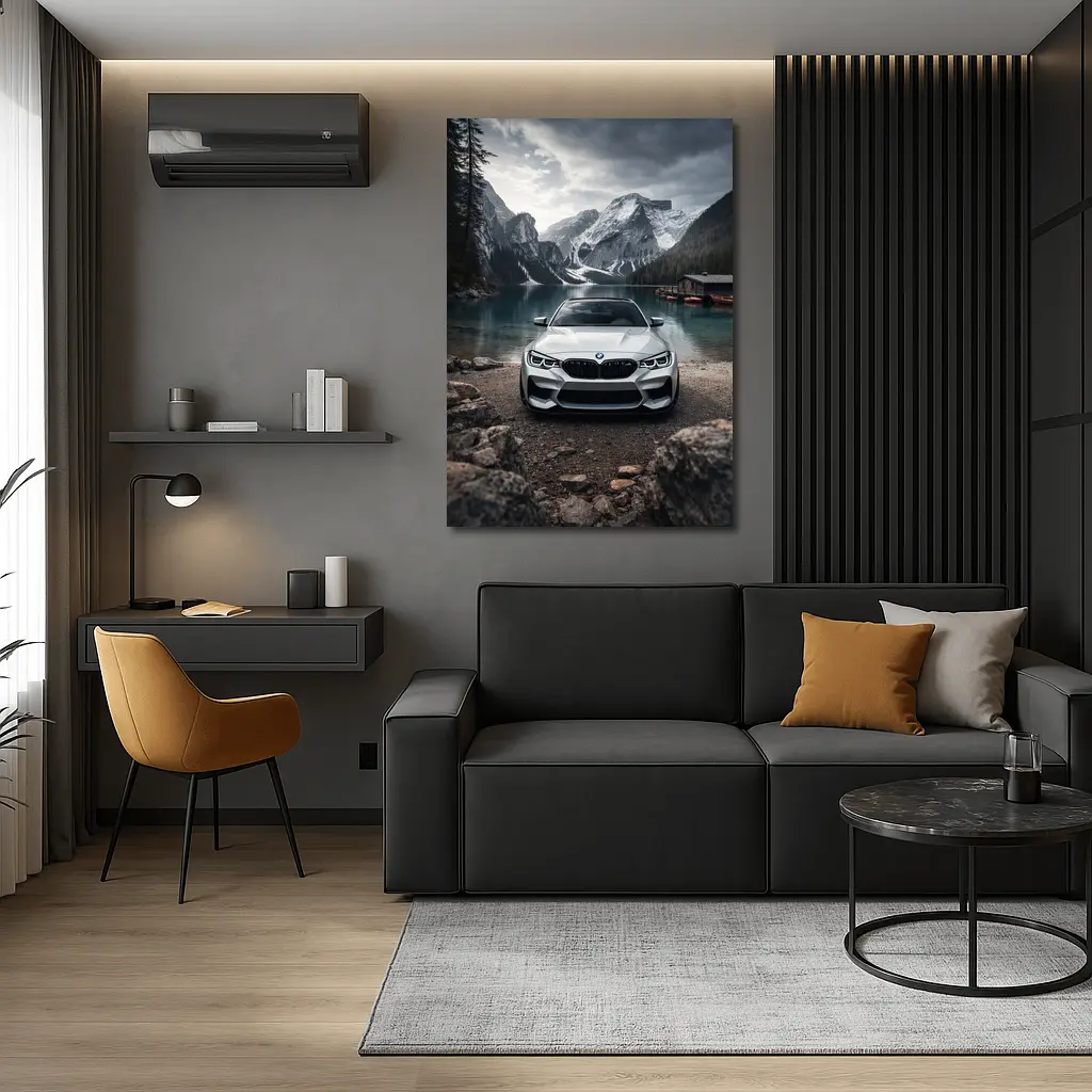 BMW M2 White Front View Mountain Lake – Wall Art