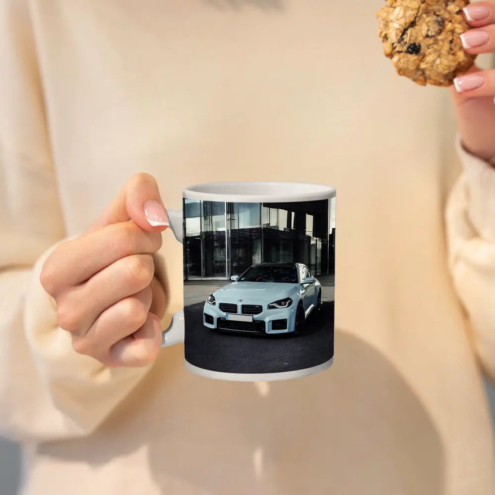 BMW M2 Light Blue Urban Building Background – Mugs