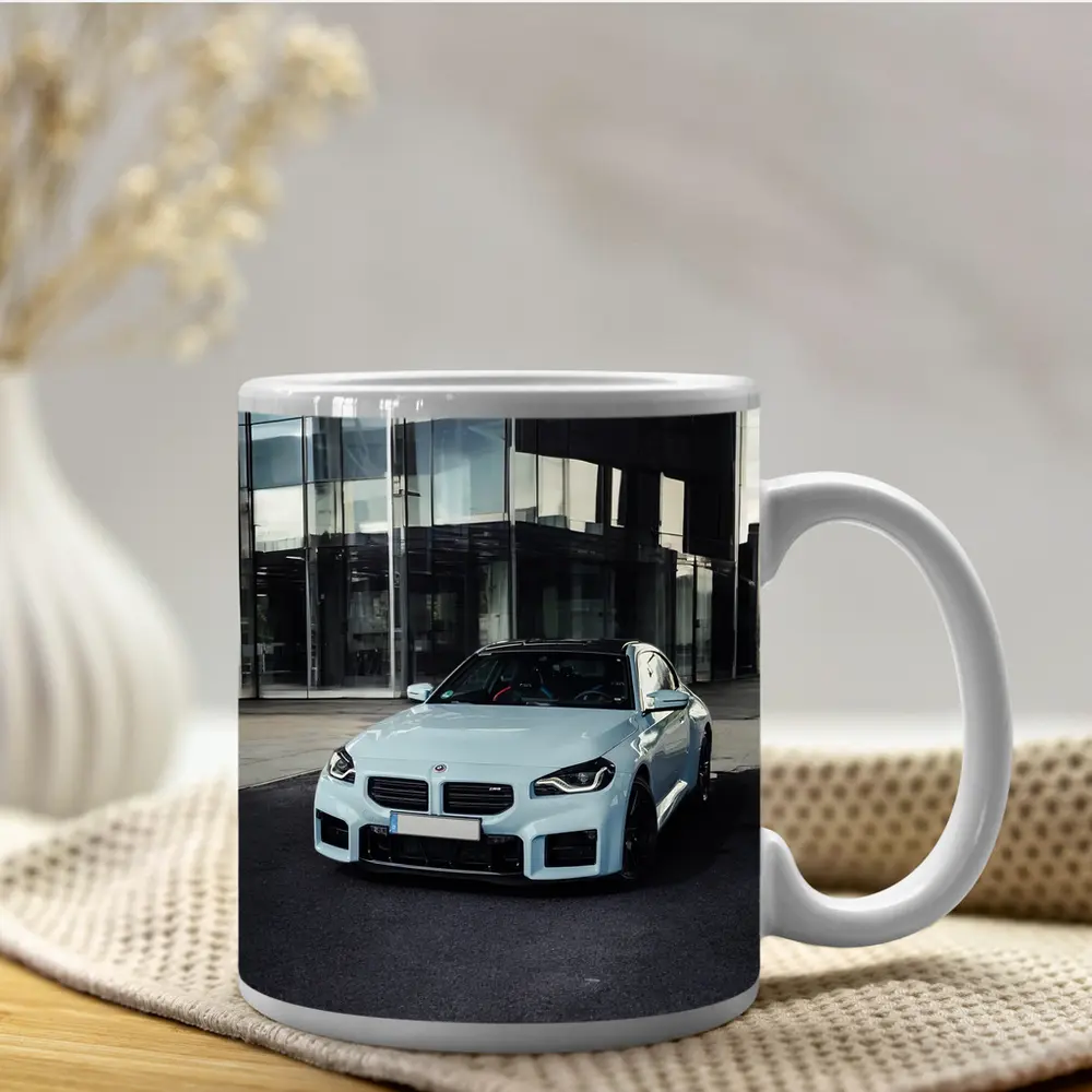 BMW M2 Light Blue Urban Building Background – Mugs