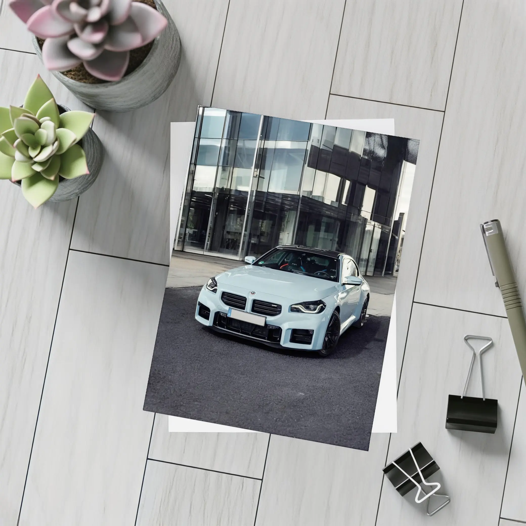 BMW M2 Light Blue Urban Building Background – Postcards