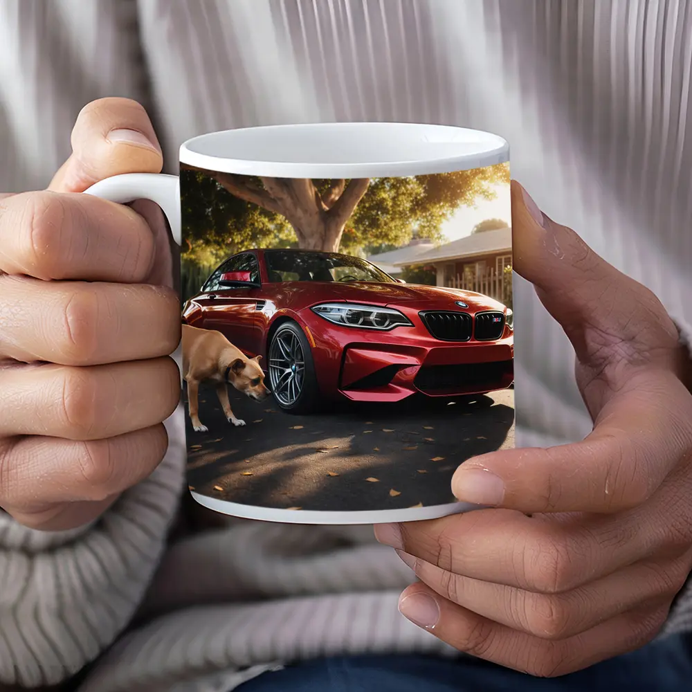 Red BMW M2 Parked With Dog Nearby – Mugs