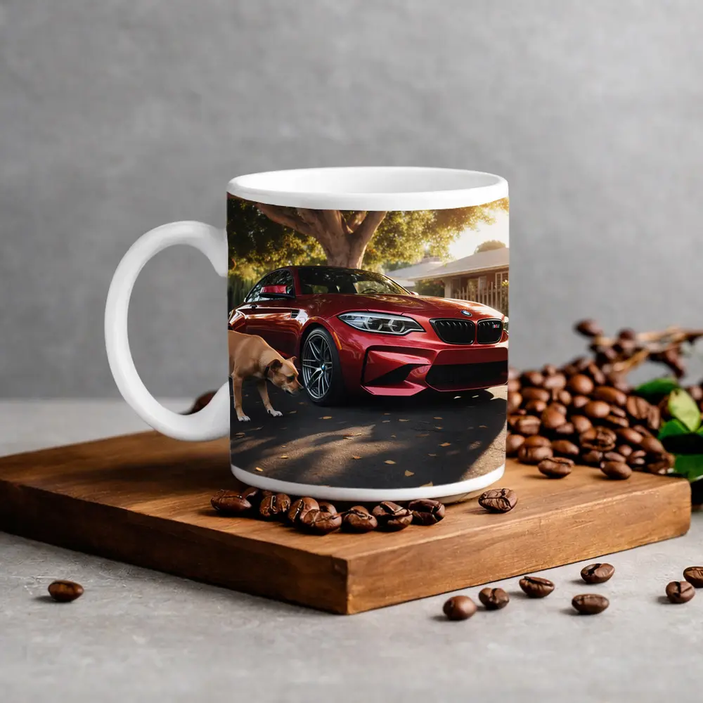 Red BMW M2 Parked With Dog Nearby – Mugs