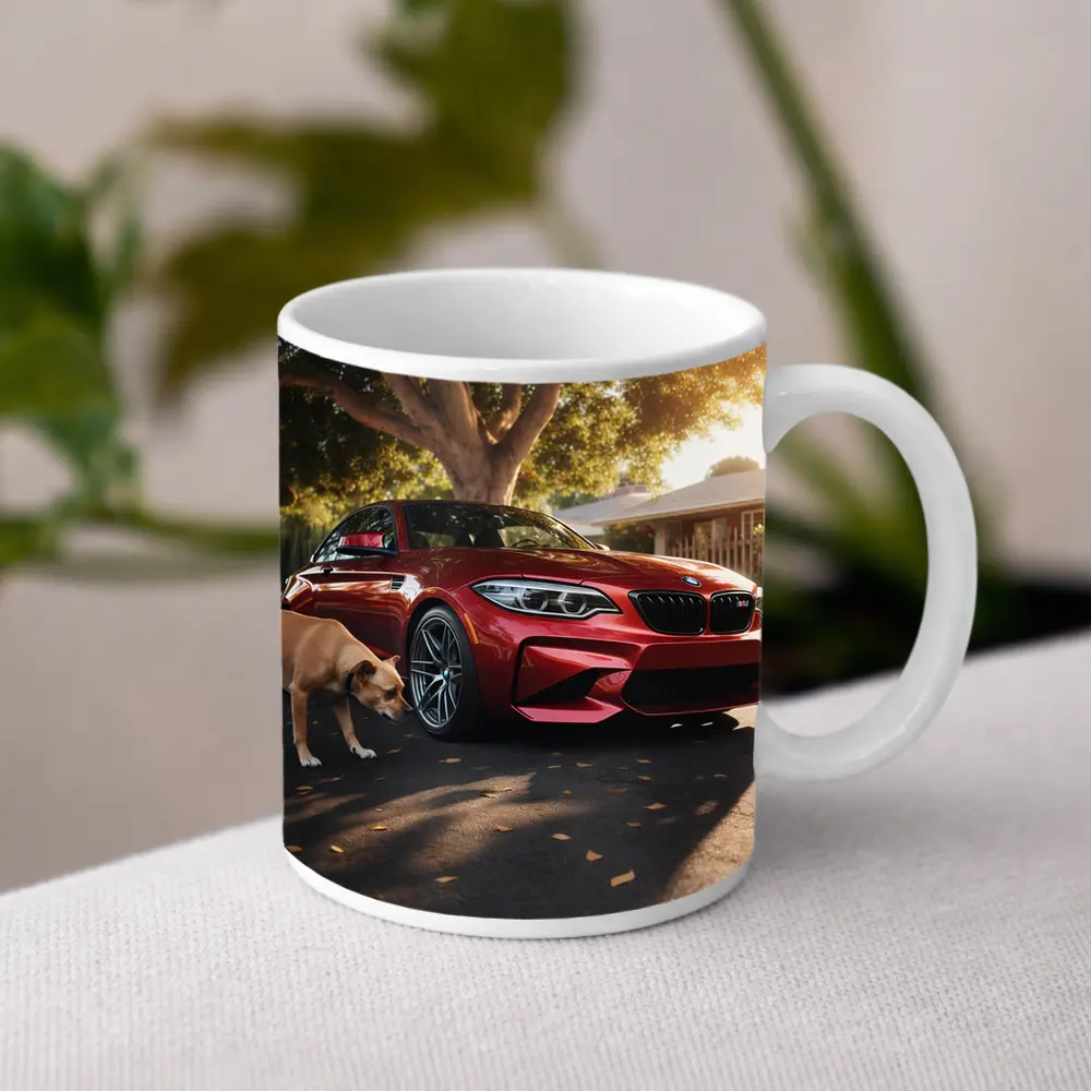 Red BMW M2 Parked With Dog Nearby – Mugs