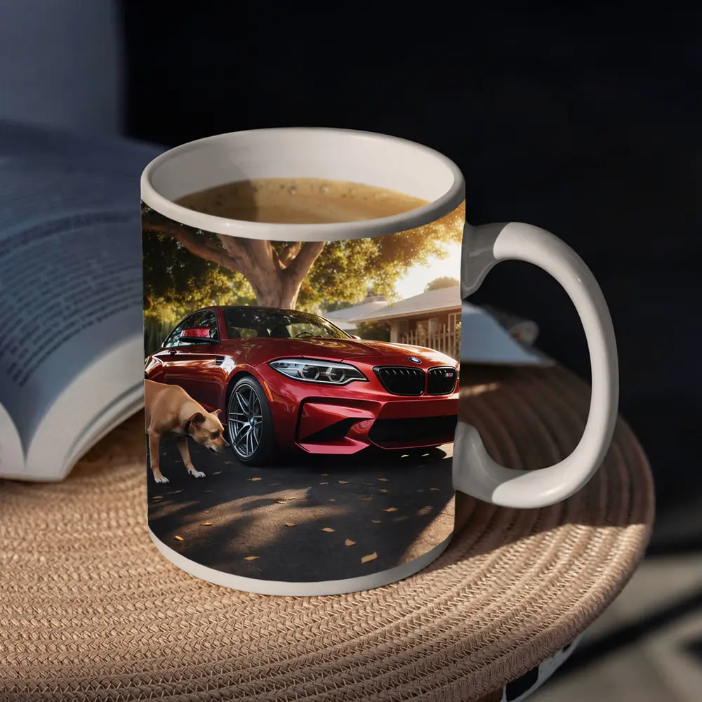 Red BMW M2 Parked With Dog Nearby – Mugs