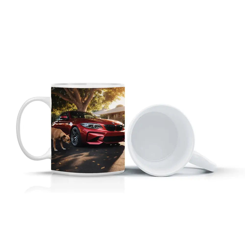 Red BMW M2 Parked With Dog Nearby – Mugs