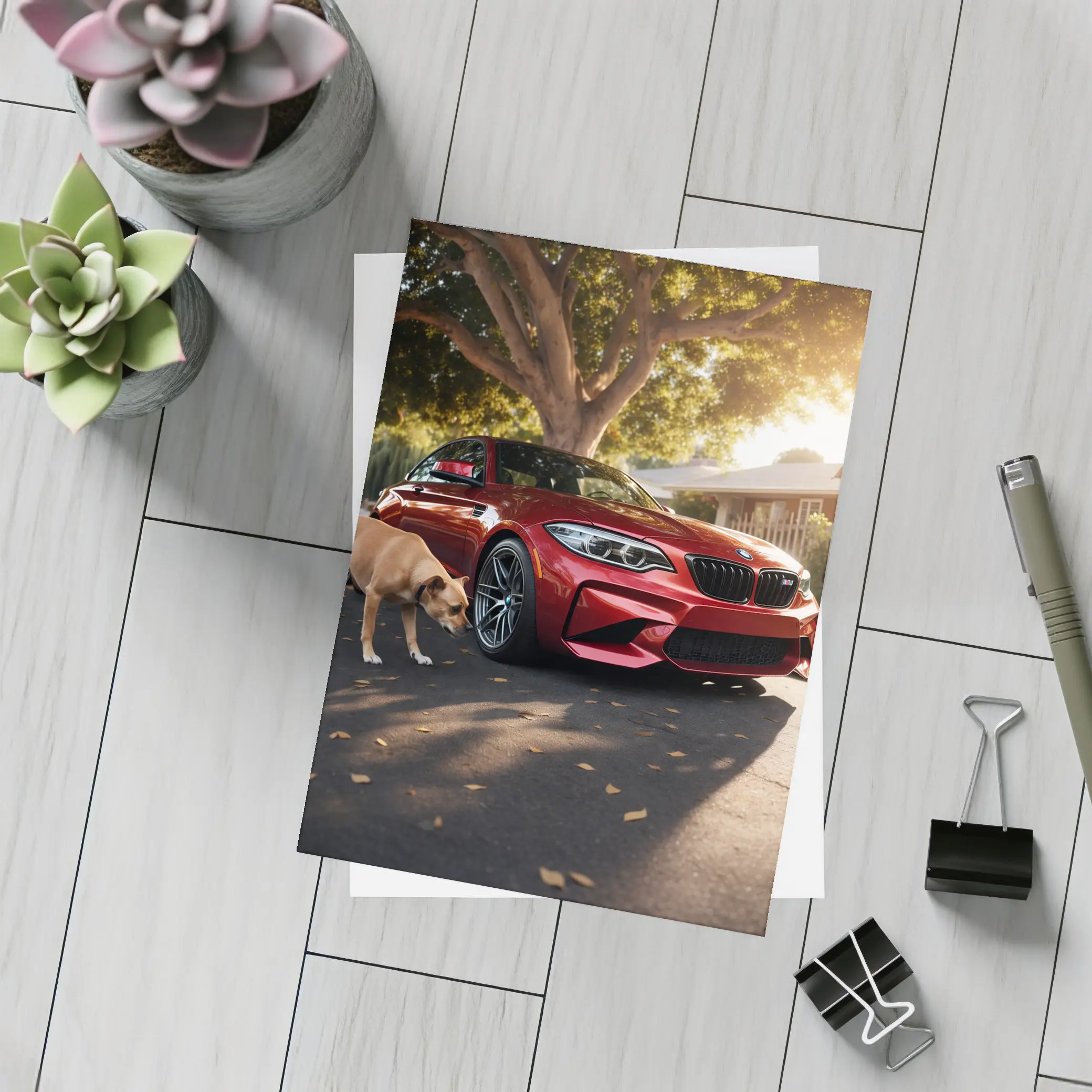 Red BMW M2 Parked With Dog Nearby – Postcards