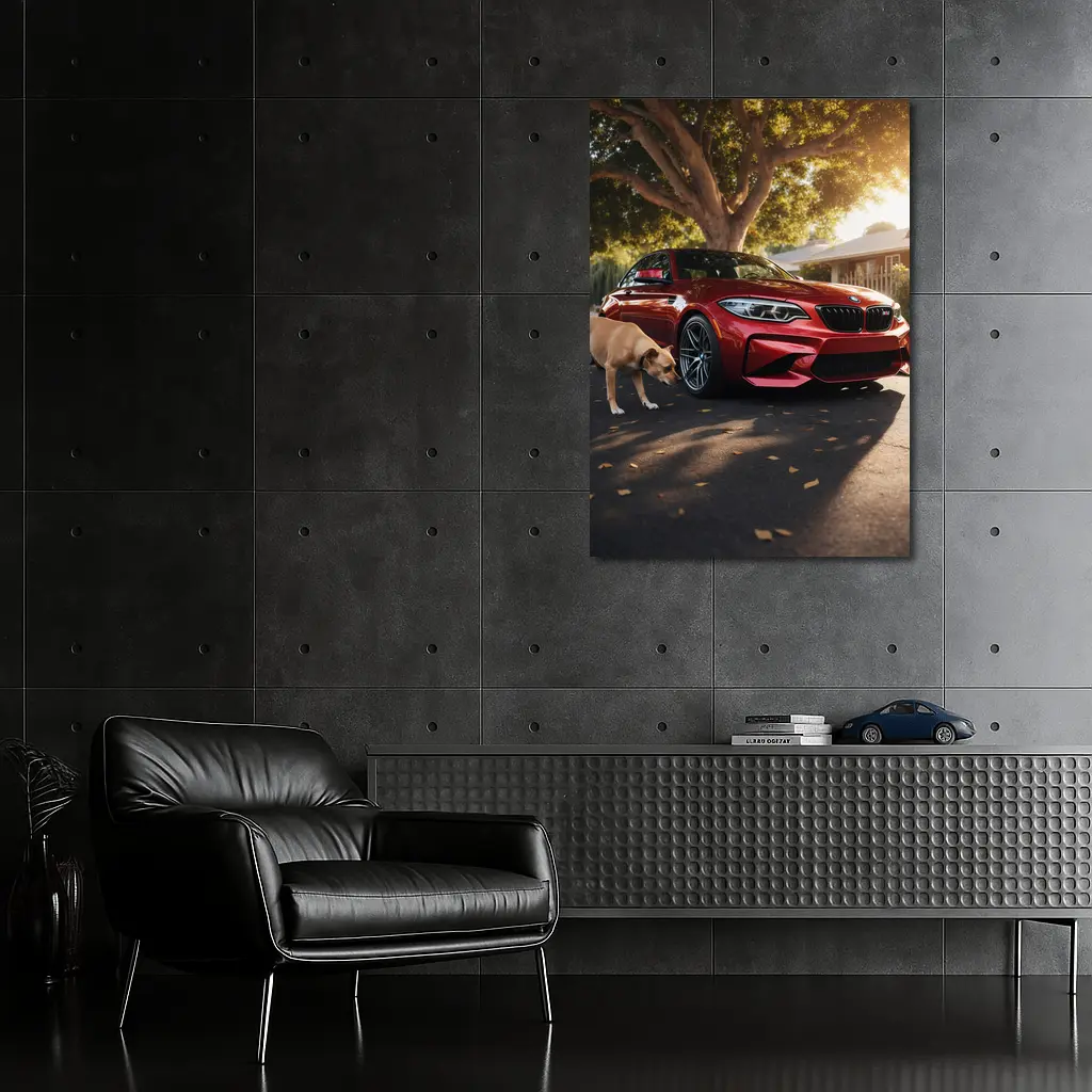 Red BMW M2 Parked With Dog Nearby – Wall Art