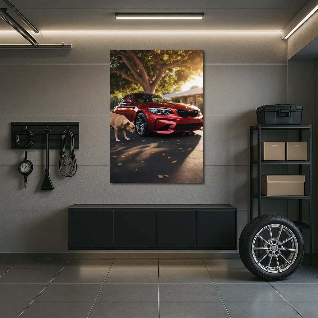 Red BMW M2 Parked With Dog Nearby – Wall Art