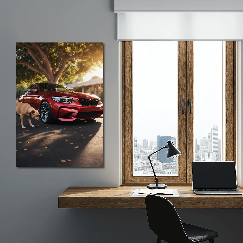 Red BMW M2 Parked With Dog Nearby – Wall Art