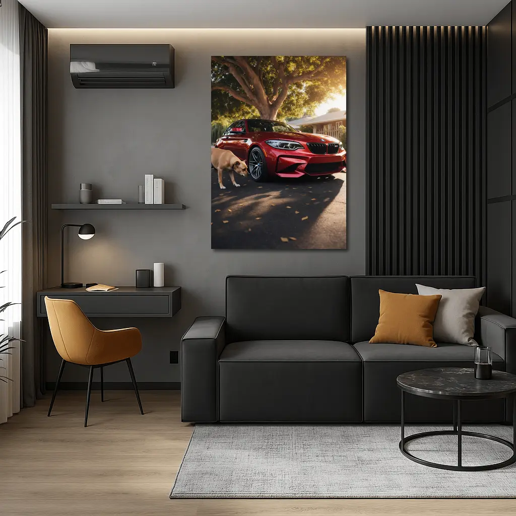 Red BMW M2 Parked With Dog Nearby – Wall Art