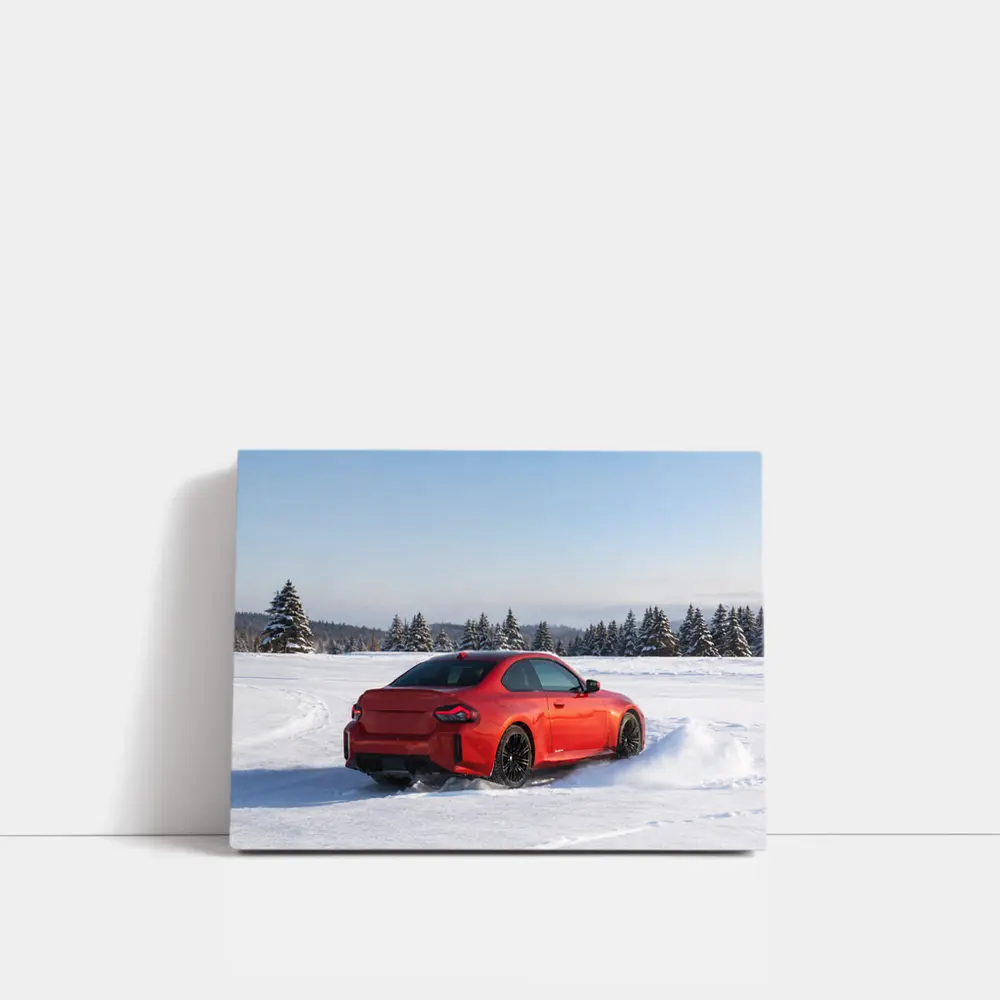 BMW M2 Red Coupe Drifting Snow Landscape – Wall Art
