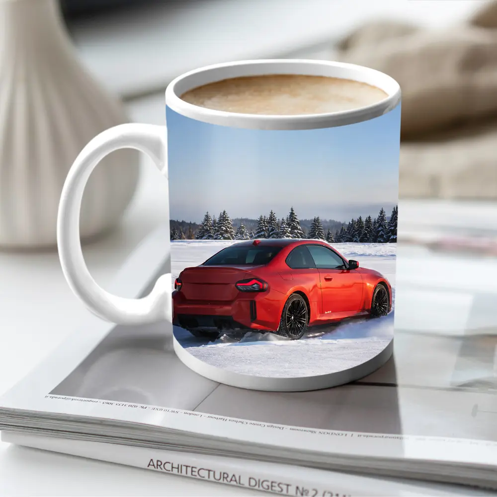 BMW M2 Red Coupe Drifting Snow Landscape – Mugs
