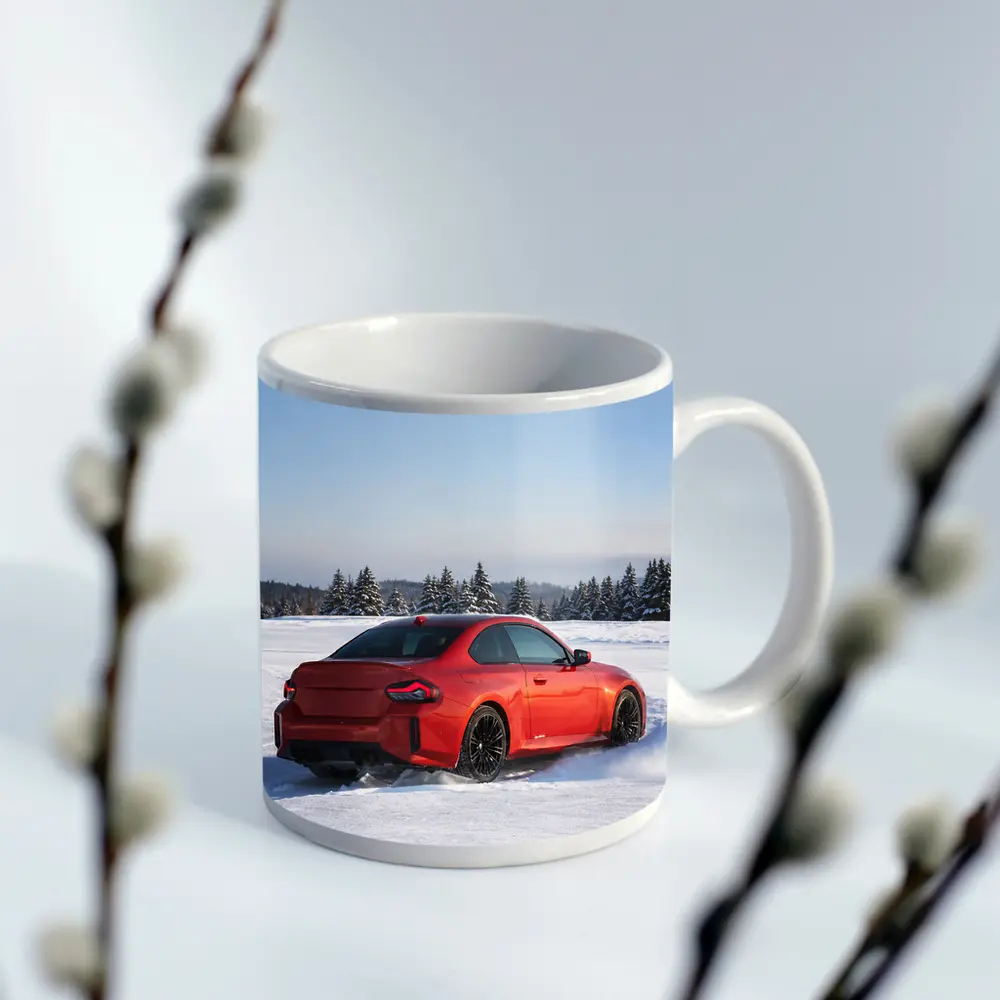 BMW M2 Red Coupe Drifting Snow Landscape – Mugs