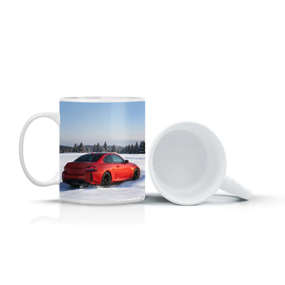 BMW M2 Red Coupe Drifting Snow Landscape – Mugs