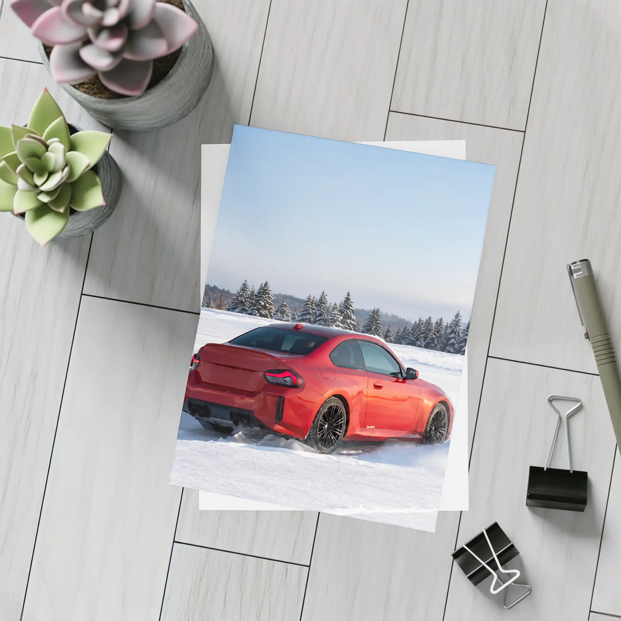 BMW M2 Red Coupe Drifting Snow Landscape – Postcards