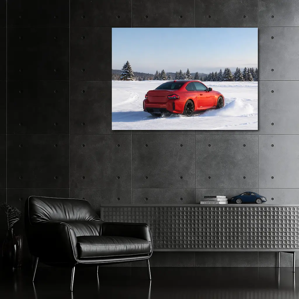 BMW M2 Red Coupe Drifting Snow Landscape – Wall Art