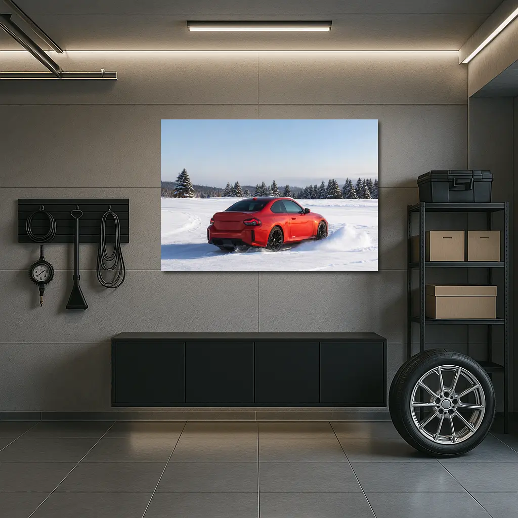 BMW M2 Red Coupe Drifting Snow Landscape – Wall Art