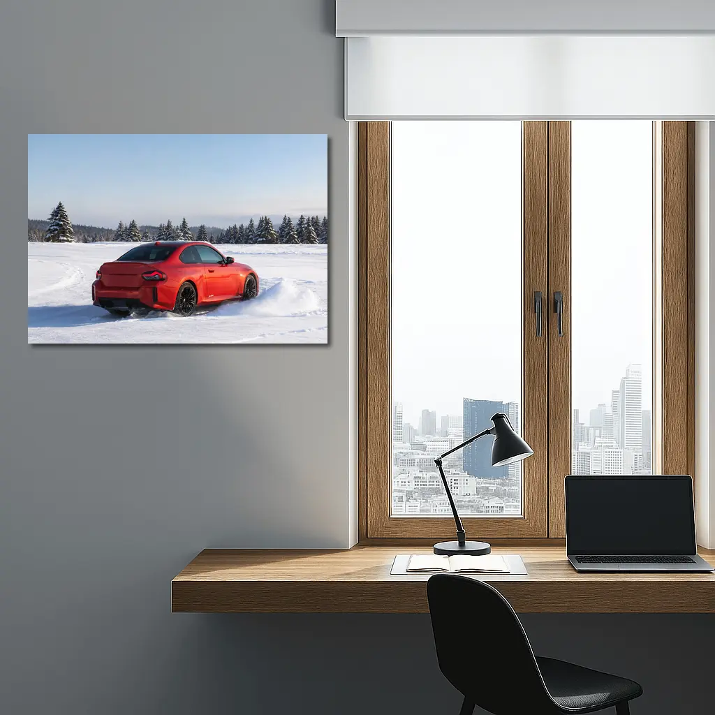 BMW M2 Red Coupe Drifting Snow Landscape – Wall Art