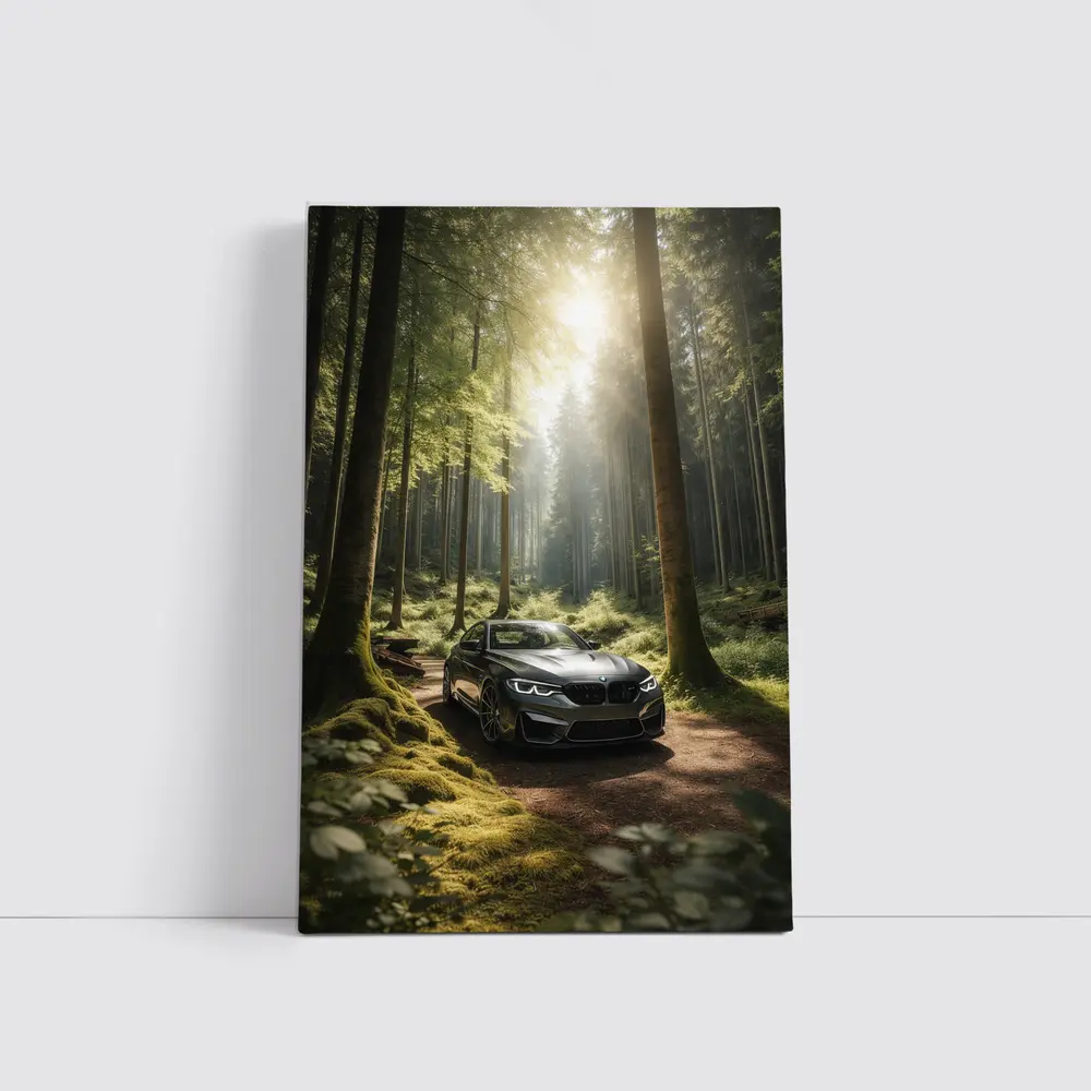 BMW M2 Parked in Sunlit Forest – Wall Art