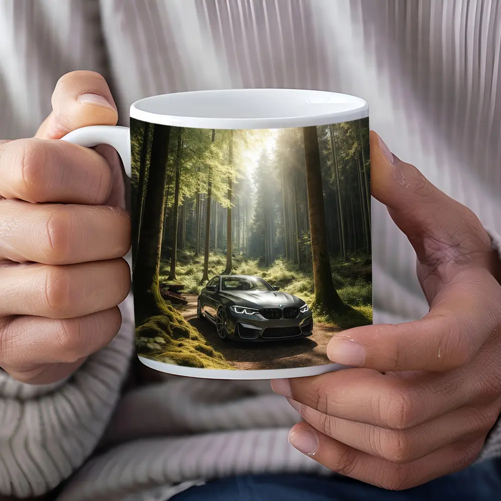 BMW M2 Parked in Sunlit Forest – Mugs