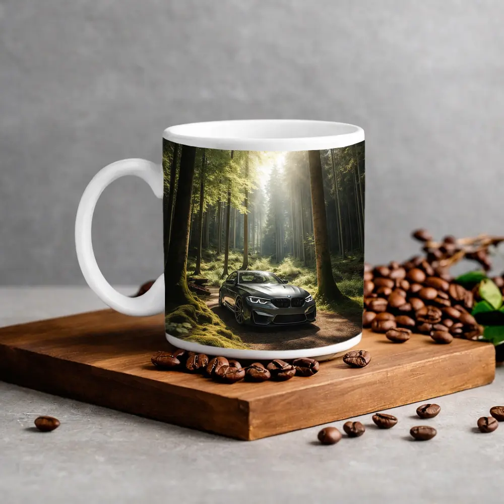 BMW M2 Parked in Sunlit Forest – Mugs